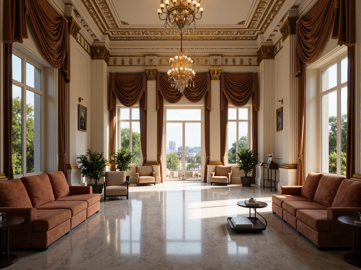 Prompt: Elegant interior spaces, high ceilings, ornate moldings, grand chandeliers, marble floors, luxurious furnishings, velvet drapes, intricate carvings, gilded frames, neoclassical columns, symmetrical compositions, subtle color palette, natural light pouring in, soft warm glow, shallow depth of field, 1/1 composition, realistic textures, ambient occlusion, ornate mirrors, crystal chandeliers, rich textiles, sophisticated patterns.