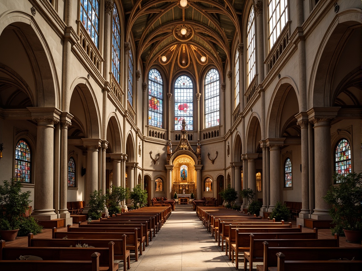 Prompt: Grandiose cathedral, soaring vaulted ceilings, stunning stained glass windows, intricate carvings, ornate frescoes, majestic domes, sacred altars, ornamental pews, devotional statues, vibrant tapestries, mystical ambiance, warm golden lighting, dramatic shadows, symmetrical composition, 1/1 aspect ratio, realistic stone textures, ambient occlusion.