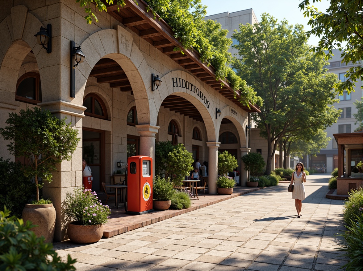 Prompt: Rustic gas station, Romanesque arches, ornate stone carvings, vintage petrol pumps, nostalgic signage, lush greenery, flowering vines, meandering walkways, natural stone pavement, earthy tones, warm sunny day, soft diffused lighting, shallow depth of field, 1/1 composition, symmetrical framing, realistic textures, ambient occlusion, medieval-inspired architecture, sturdy brick walls, grand entrance gates, decorative ironwork, wooden accents, cozy outdoor seating areas.