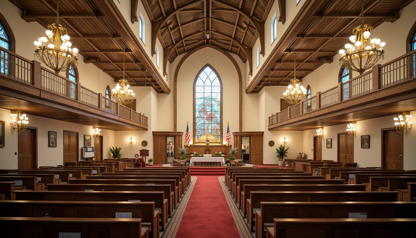 Prompt: Elegant worship space, vaulted ceilings, ornate chandeliers, stained glass windows, wooden pews, intricate carvings, soft warm lighting, cream-colored walls, rich blue accents, golden trimmings, velvety red carpets, subtle texture overlays, atmospheric fog effects, cinematic composition, low-key dramatic lighting, realistic materials, ambient occlusion.