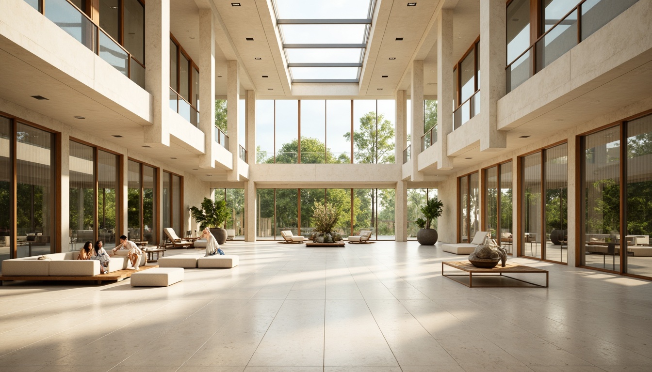 Prompt: Spacious open-plan interior, floor-to-ceiling windows, clerestory windows, skylights, transparent glass roofs, mirrored ceilings, reflective surfaces, minimal obstructions, unobstructed views, natural ventilation systems, cross-ventilation strategies, solar tubes, light shelves, overhangs, cantilevered structures, double-glazed facades, thermal mass materials, radiant floor heating, passive solar design, warm beige tones, soft diffused lighting, gentle color palette, 1/2 composition, symmetrical balance, subtle texture contrasts, ambient occlusion.