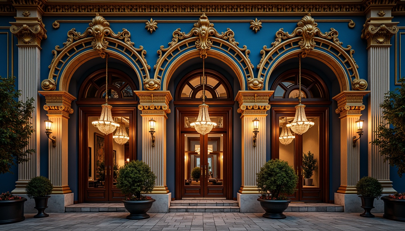 Prompt: Majestic building facade, Prussian blue accents, golden ornate details, grand entrance archways, symmetrical composition, regal columnar structures, opulent chandeliers, lavish interior decorations, rich wood paneling, intricate moldings, Baroque-inspired architecture, dramatic spot lighting, warm ambient glow, high contrast ratio, 1/2 composition, realistic textures, cinematic atmosphere.