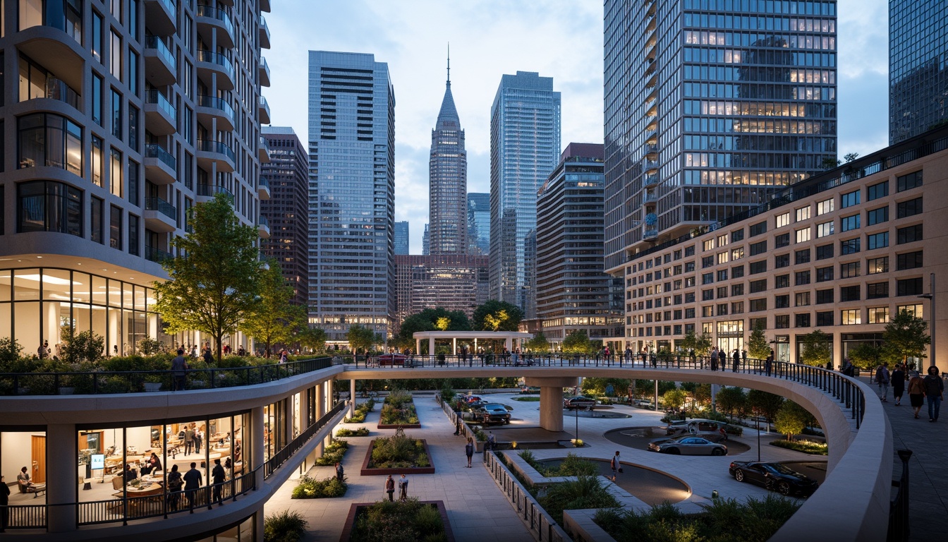 Prompt: Vibrant cityscape, pedestrian bridges, sleek modern architecture, steel cable suspension, glass flooring, panoramic urban views, bustling street life, green roofs, public art installations, dynamic lighting systems, evening ambiance, shallow depth of field, 1/1 composition, realistic textures, ambient occlusion.