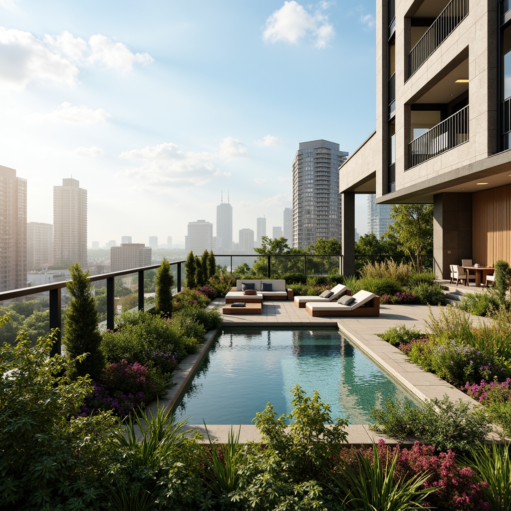 Prompt: Luxurious penthouse, rooftop garden, lush greenery, vibrant flowers, infinity pool, glass railing, modern architecture, sleek lines, minimalist decor, panoramic city views, warm sunny day, soft natural lighting, shallow depth of field, 3/4 composition, realistic textures, ambient occlusion.