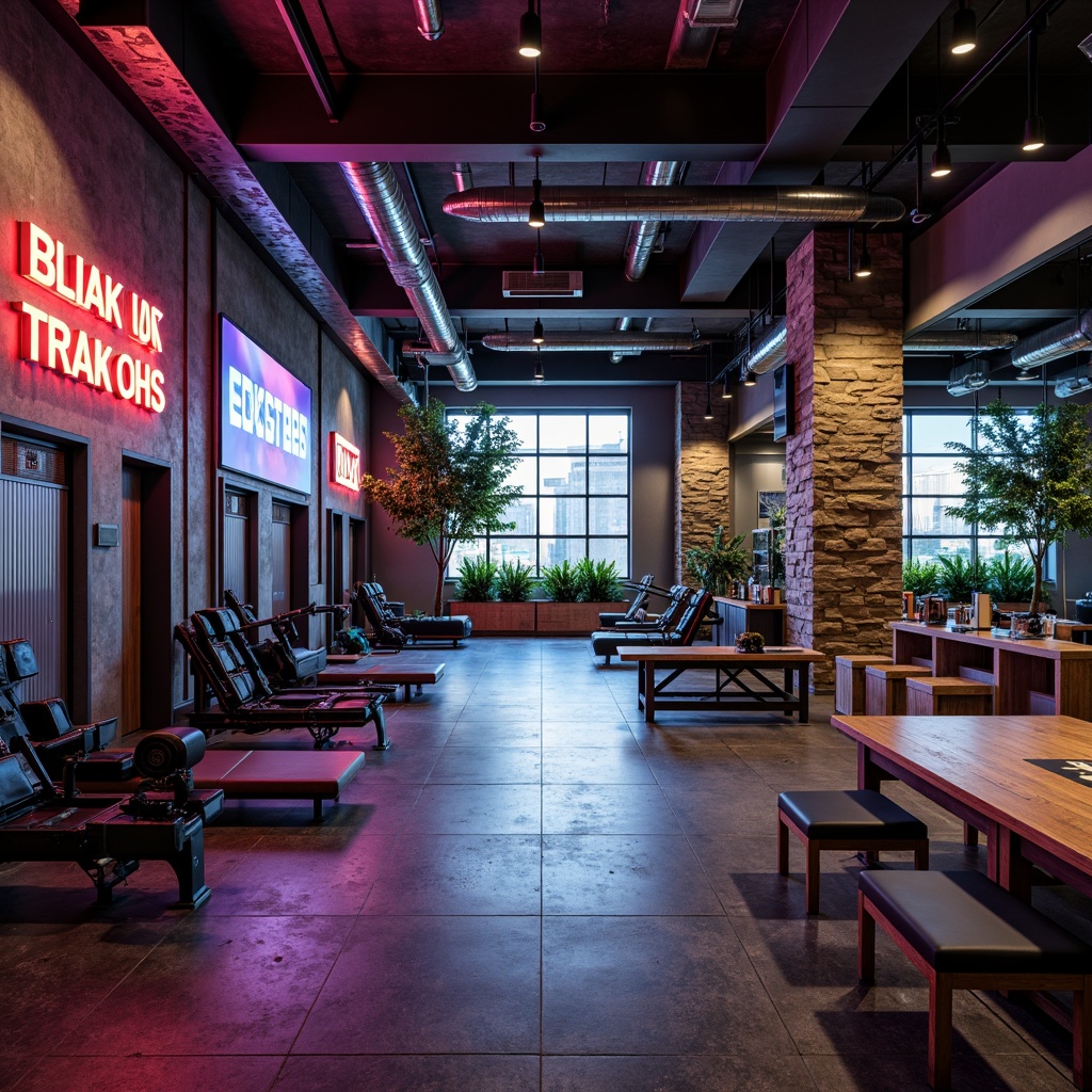 Prompt: Industrial-chic fitness club, exposed concrete walls, metallic equipment, rustic wooden accents, neon-lit signage, sleek glass partitions, urban loft-style ceiling, modern minimalist decor, vibrant color pops, high-gloss floors, dynamic LED lighting, 3/4 composition, shallow depth of field, dramatic shadows, realistic textures, ambient occlusion.