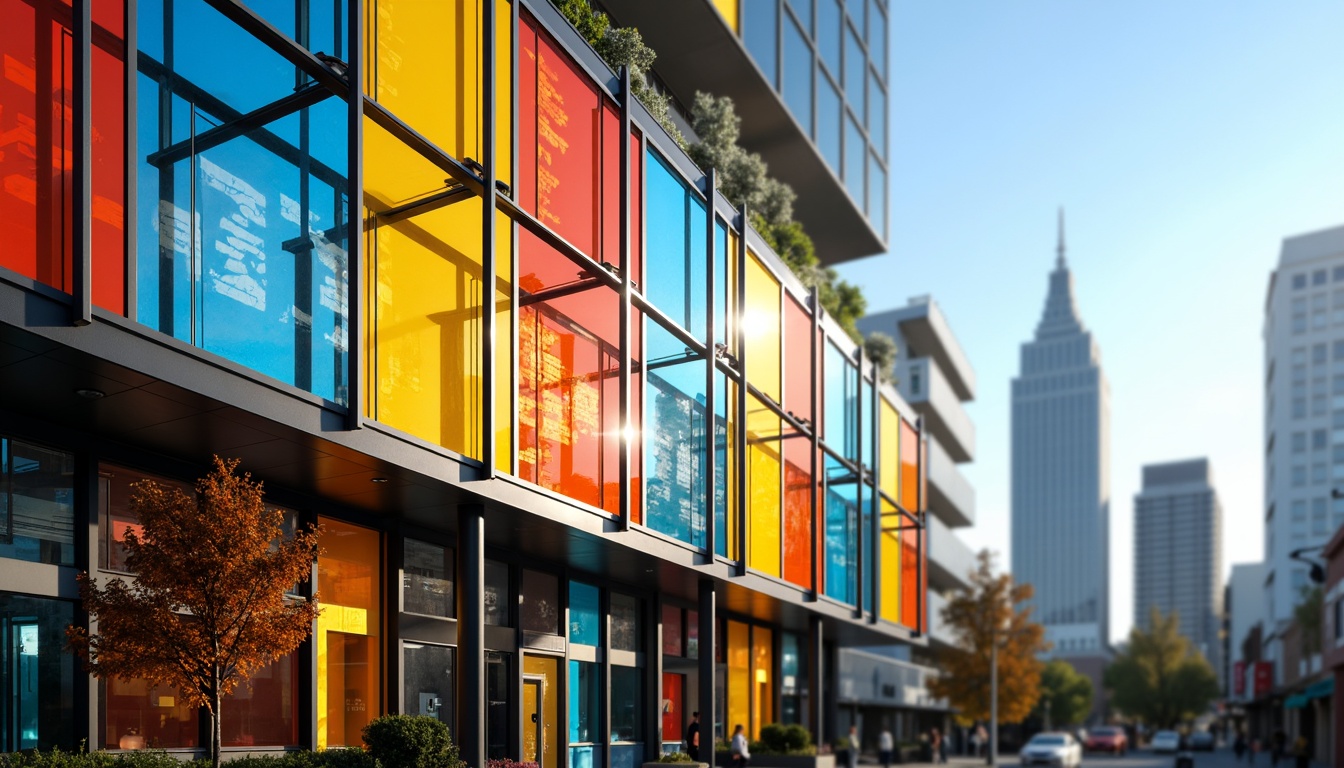 Prompt: Vibrant colored glass fa\u00e7ade, iridescent glazing, refracted light effects, angular metal frames, sleek minimalist design, modern urban architecture, bustling cityscape, clear blue sky, warm sunny day, soft natural lighting, shallow depth of field, 1/2 composition, realistic reflective surfaces, ambient occlusion.