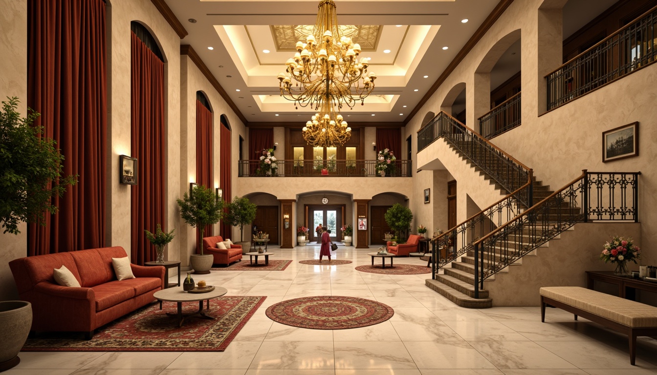 Prompt: Luxurious hotel lobby, intricately patterned marble floors, ornate golden chandeliers, plush velvet sofas, richly textured drapery, grand staircase with wrought iron railings, elegant archways, refined wooden accents, lavish flower arrangements, sophisticated lighting fixtures, warm beige color scheme, soft ambient glow, shallow depth of field, 2/3 composition, symmetrical framing, highly detailed textures, subtle atmospheric effects.