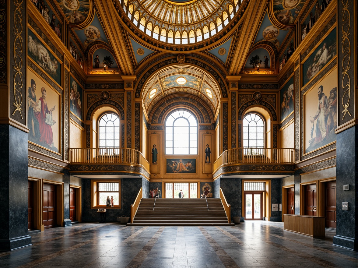 Prompt: Byzantine-style high school building, golden mosaics, intricate patterns, Christian symbols, ornate arches, domed roof, vibrant blue and gold colors, marble floors, granite walls, ornate columns, dramatic lighting, warm ambiance, rich textures, detailed frescoes, biblical scenes, majestic entrance, grand staircase, luxurious atmosphere, shallow depth of field, 1/1 composition, realistic reflections, ambient occlusion.