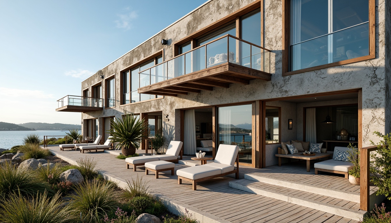 Prompt: Weathered coastal facade, ocean-inspired color palette, wave-patterned textures, salt-resistant materials, rust-proof metal cladding, large windows with coastal views, sliding glass doors, wooden decks, nautical-themed railings, beachy outdoor furniture, driftwood accents, coral-inspired patterns, tropical plants, sunny day with gentle sea breeze, soft warm lighting, shallow depth of field, 2/3 composition, realistic render, ambient occlusion.