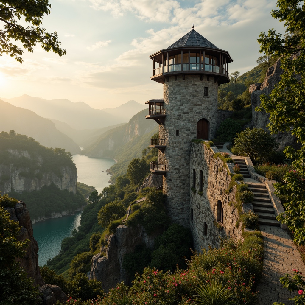 Prompt: Majestic watchtower, rugged stone walls, elevated scenic viewpoints, winding staircases, verdant foliage, misty atmosphere, soft golden lighting, dramatic shadows, rustic wooden accents, natural rock formations, panoramic views, rolling hills, serene lakeside, lush greenery, vibrant wildflowers, gentle breeze, warm sunsets, 3/4 composition, atmospheric perspective, realistic textures.