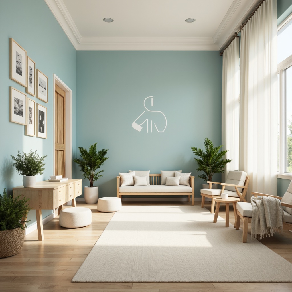 Prompt: Calming clinic interior, soothing color scheme, pastel blue walls, creamy white accents, warm beige floors, natural wood furniture, gentle greenery, subtle branding elements, minimalist decor, soft diffused lighting, 1/1 composition, shallow depth of field, realistic textures, ambient occlusion.