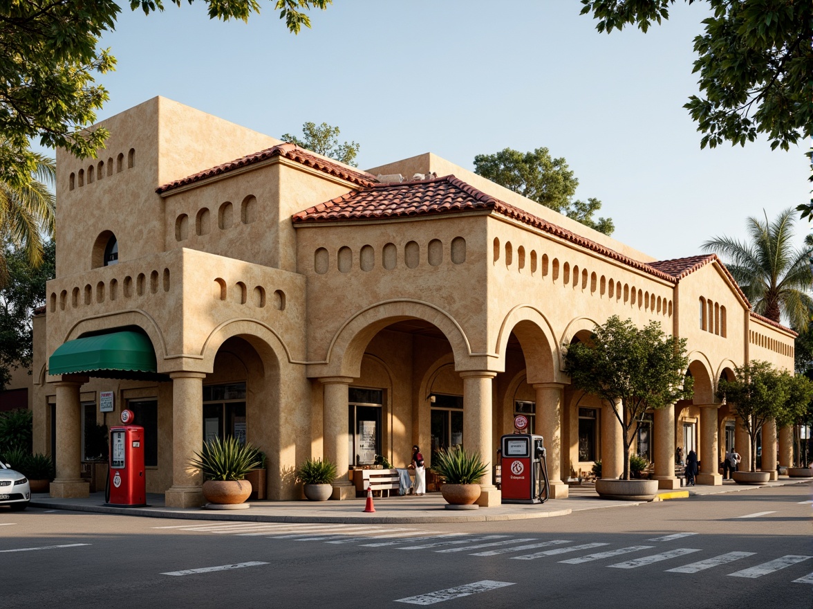 Prompt: Rustic gas station facade, Romanesque arches, ornate stone carvings, warm beige stucco walls, red terracotta roofs, decorative cornices, grand entranceways, imposing columns, vintage fuel pumps, nostalgic signage, leafy green canopies, soft warm lighting, shallow depth of field, 1/2 composition, symmetrical framing, realistic textures, ambient occlusion.