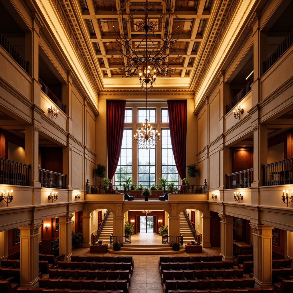 Prompt: Grand concert house, neoclassical facade, ornate details, Corinthian columns, symmetrical composition, grand entrance, sweeping staircase, luxurious chandeliers, rich wood tones, acoustic panels, soundproofing materials, elegant balconies, French windows, soft warm lighting, shallow depth of field, 3/4 composition, panoramic view, realistic textures, ambient occlusion.