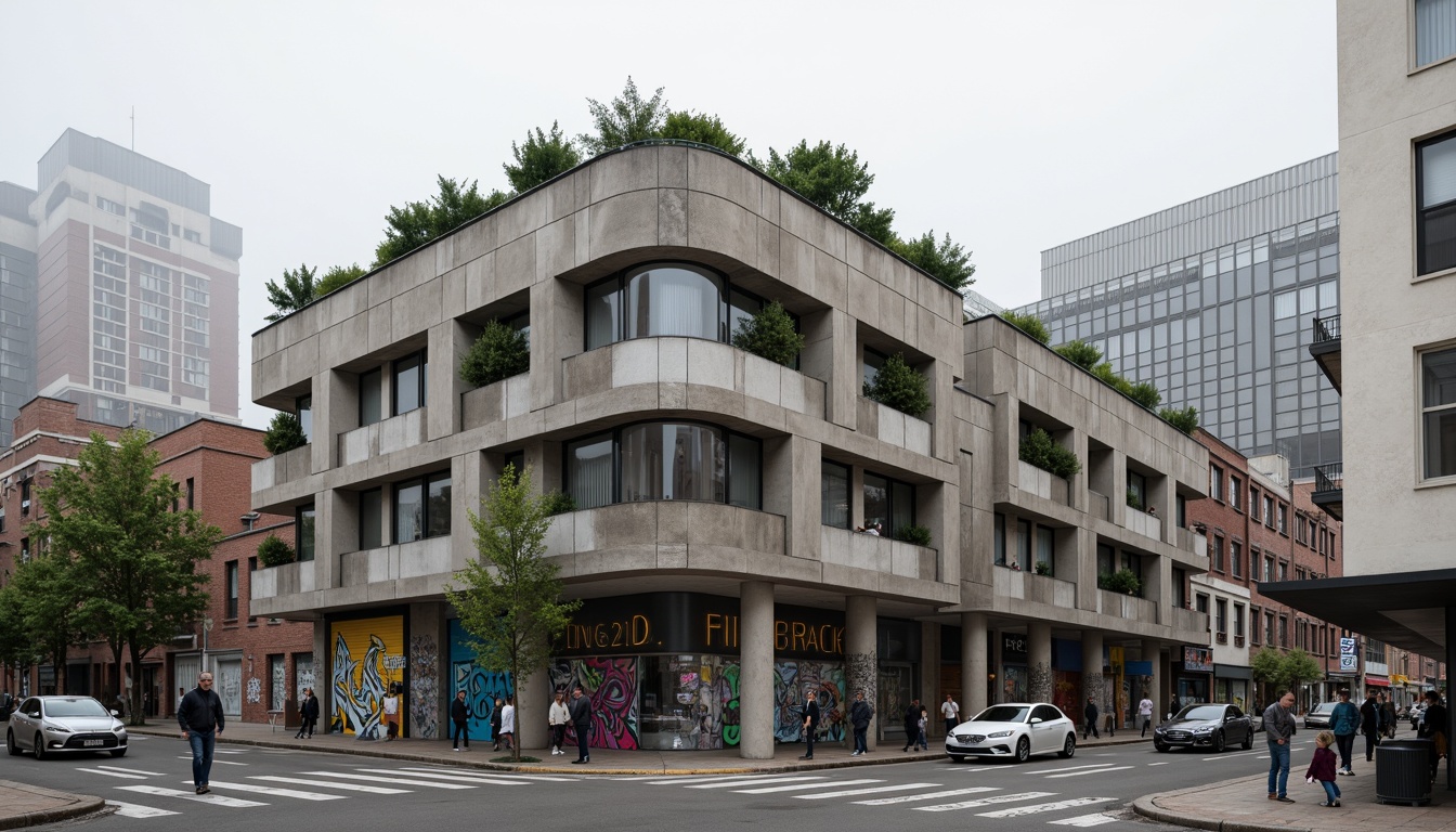 Prompt: Rugged community center, brutalist concrete fa\u00e7ade, fortress-like structure, angular geometries, raw unfinished surfaces, industrial metal accents, urban cityscape, graffiti-covered walls, vibrant street art, eclectic murals, bustling public plaza, lively pedestrian traffic, dynamic shadows, high-contrast lighting, dramatic architectural angles, 1/2 composition, gritty textures, atmospheric fog, moody ambiance.