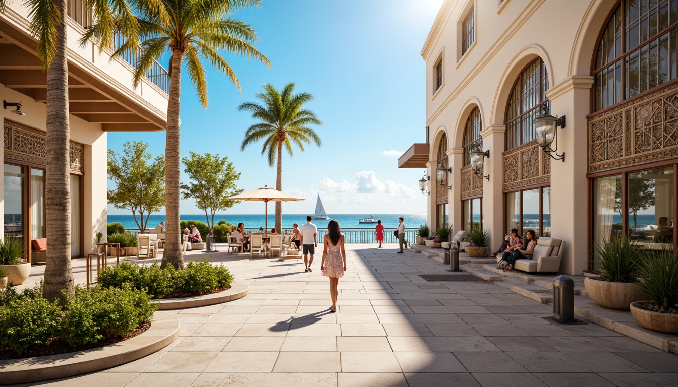 Prompt: Oceanfront promenade, ornate ironwork, pastel-colored buildings, curved lines, geometric patterns, luxurious materials, marble floors, crystal chandeliers, lavish decorations, beachside amenities, seaside restaurants, sailboats, yachts, clear turquoise water, sunny day, warm golden lighting, shallow depth of field, 1/1 composition, symmetrical framing, high-contrast images, realistic textures, ambient occlusion.