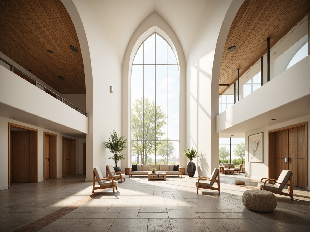 Prompt: Sleek church architecture, minimalist interior design, neutral color palette, natural light pouring in, open spaces, sparse furnishings, elegant lines, simple shapes, wooden accents, stone floors, subtle textures, serene ambiance, quiet atmosphere, soft warm lighting, shallow depth of field, 3/4 composition, realistic renderings, ambient occlusion.