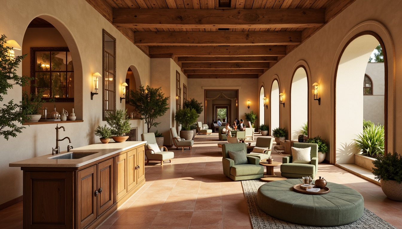 Prompt: Warm beige walls, terracotta flooring, earthy brown wood accents, soft sage green furniture, creamy white marble countertops, warm golden lighting, rustic metal fixtures, ornate archways, vaulted ceilings, natural stone columns, rich velvet upholstery, subtle floral patterns, soft warm ambient lighting, 1/1 composition, realistic textures, atmospheric rendering.