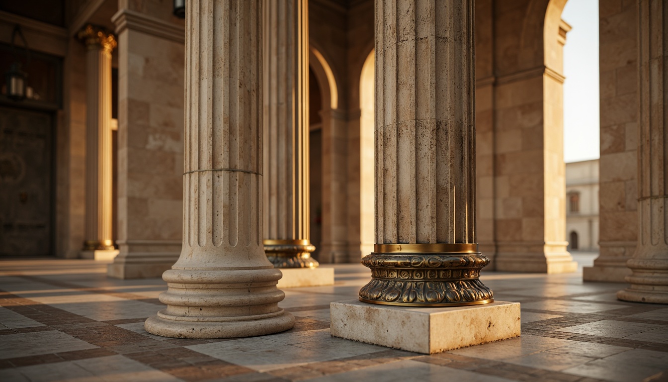 Prompt: Ancient Roman-inspired columns, ornate capitals, fluted shafts, rustic stone bases, weathered bronze accents, intricate carvings, classical architraves, ornamental volutes, subtle texture variations, earthy color palette, warm golden lighting, shallow depth of field, 1/1 composition, symmetrical framing, realistic stone textures, ambient occlusion.