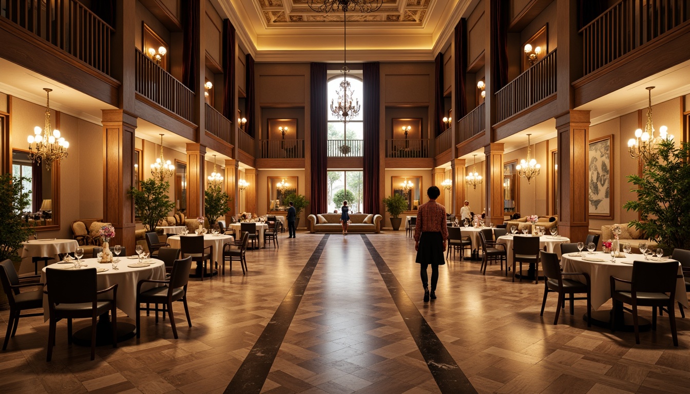 Prompt: Grand dining hall, high ceilings, spacious interior, symmetrical layout, elegant chandeliers, polished marble floors, wooden tables, comfortable chairs, white linens, fine china, crystal glasses, ornate mirrors, refined lighting, shallow depth of field, 1/2 composition, warm ambiance, soft golden lighting, subtle shading, realistic textures, ambient occlusion.