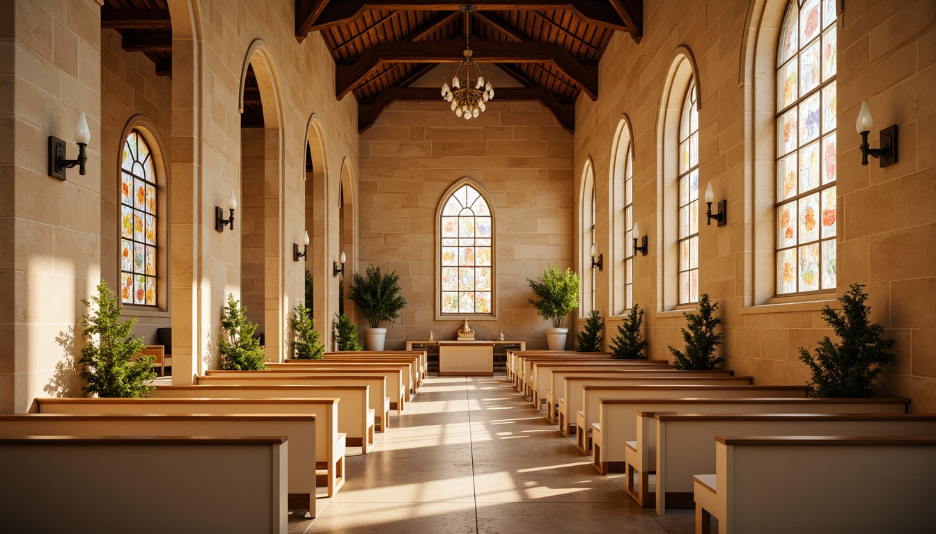 Prompt: Warm beige stone walls, rich walnut wood accents, soft cream-colored pews, vibrant stained glass windows, subtle golden lighting, serene atmosphere, minimalist decor, elegant archways, ornate chandeliers, tranquil ambiance, natural textures, earthy tones, muted pastels, warm neutrals, soft warm lighting, shallow depth of field, 1/2 composition, realistic rendering.