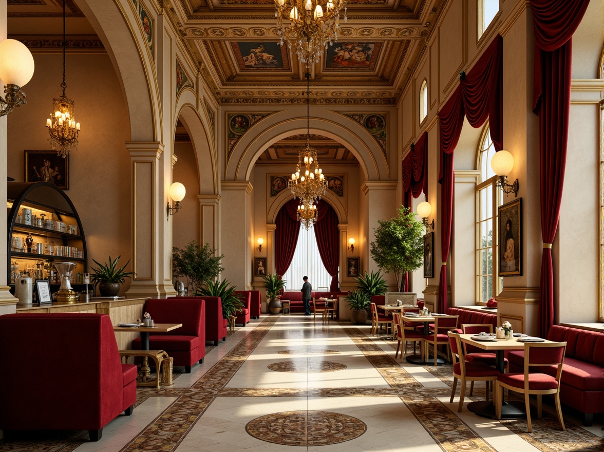 Prompt: Elegant coffee shop interior, Byzantine-inspired arches, ornate golden accents, rich marble floors, intricately patterned mosaics, warm ambient lighting, cozy seating areas, luxurious velvet upholstery, ornamental columns, grand chandeliers, mystical iconography, warm beige walls, subtle texture overlays, 1/2 composition, soft focus blur, atmospheric lighting, realistic reflections.