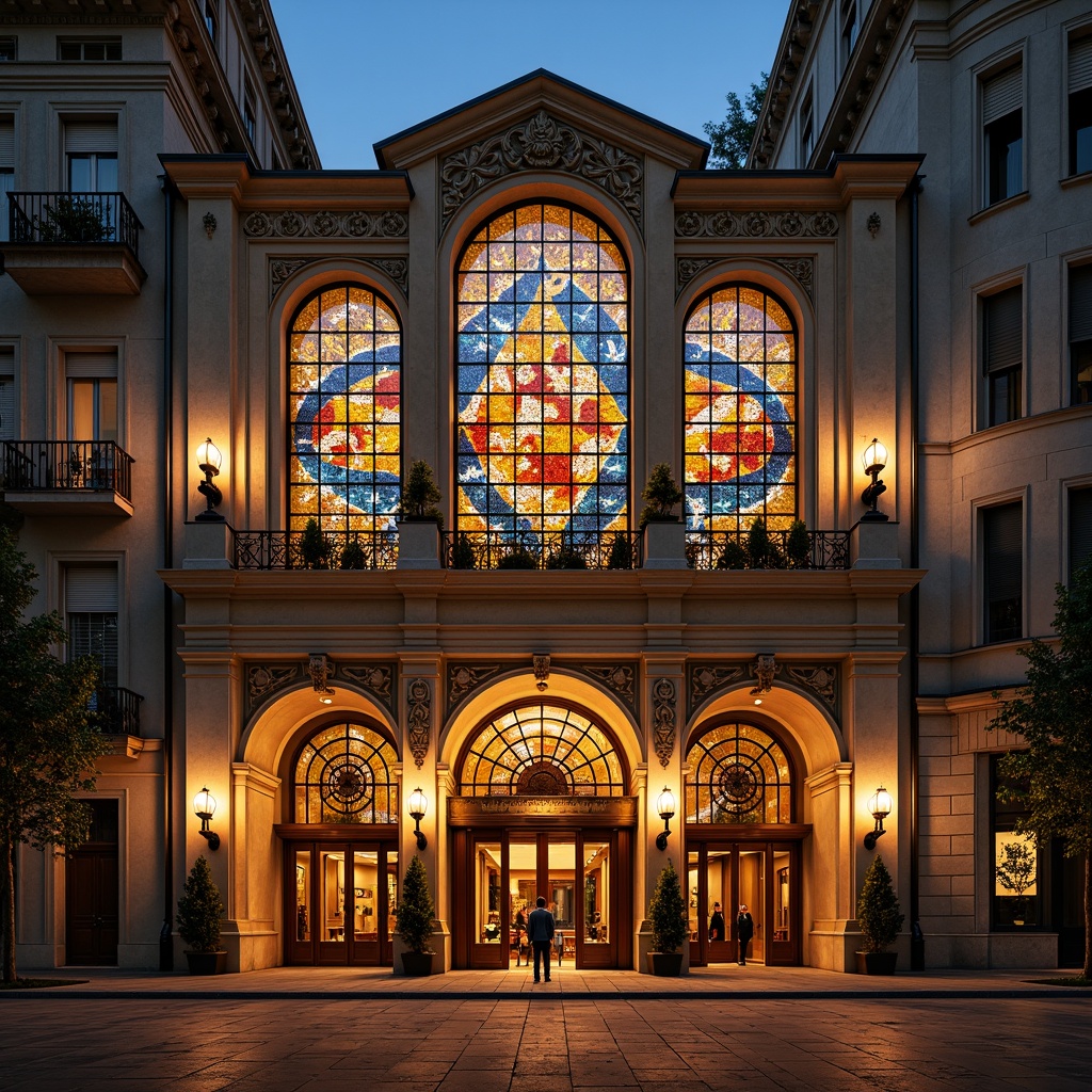 Prompt: Ornate theater facade, academic architectural style, richly colored glass panels, intricate stone carvings, grand entrance archways, ornamental metalwork, vibrant stained glass windows, imposing columns, dramatic spotlights, warm golden lighting, detailed stucco textures, 1/1 composition, symmetrical perspective, shallow depth of field, realistic reflections.