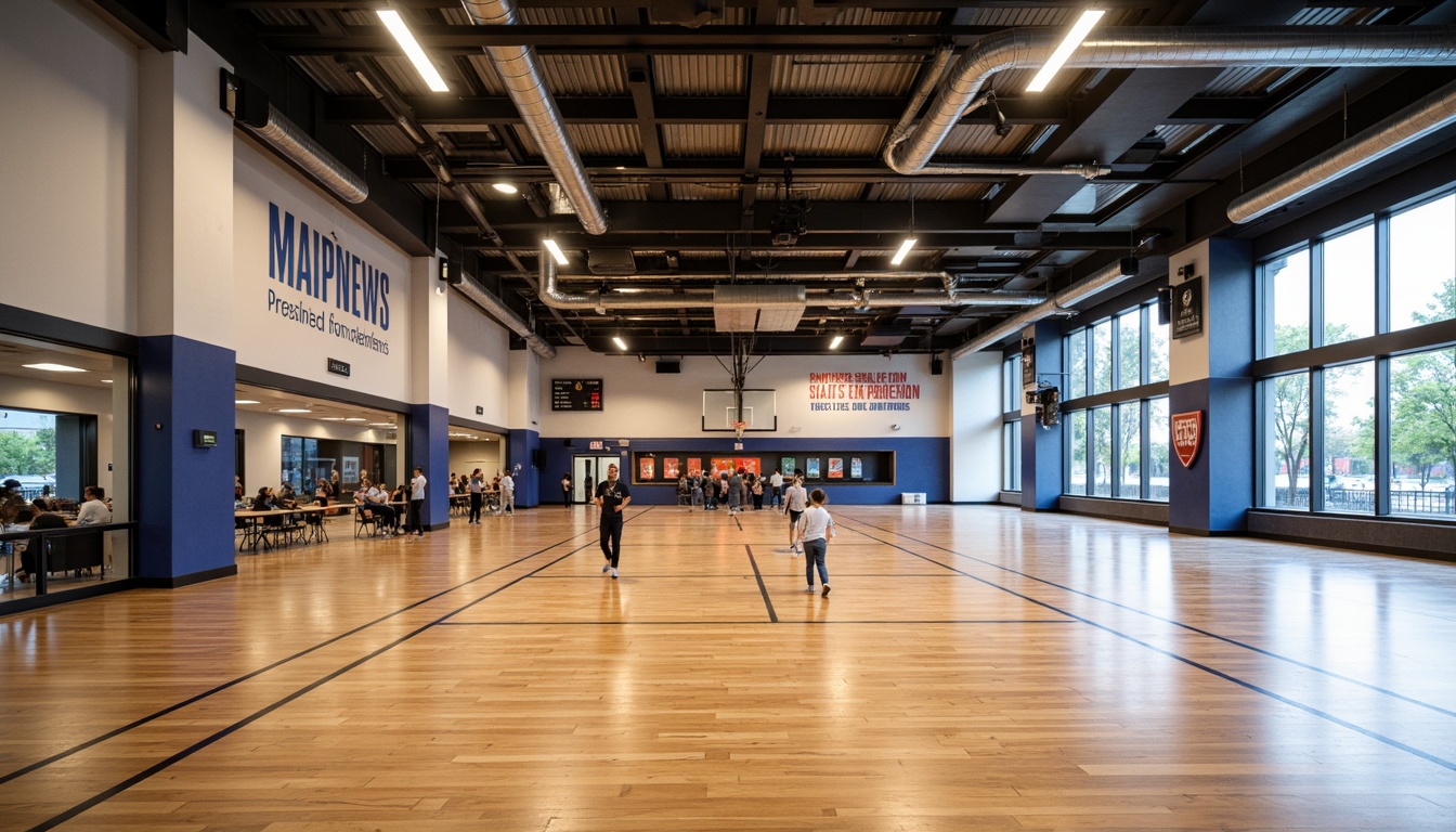 Prompt: Modern gymnasium interior, polished wood flooring, mirrored walls, high ceilings, exposed ductwork, industrial-style lighting, motivational quotes, athletic equipment displays, team logos, colorful branding, spacious open areas, flexible seating arrangements, movable partitions, sound-absorbing materials, acoustic panels, natural ventilation systems, large windows, abundant daylight, soft warm lighting, shallow depth of field, 3/4 composition, realistic textures, ambient occlusion.