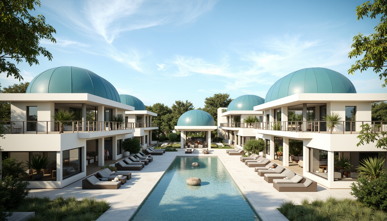 Prompt: Cerulean blue domes, wispy clouds, airy atriums, open floor plans, minimalist decor, soft natural light, creamy white walls, sleek metal accents, glass railings, calm ambiance, shallow water features, serene landscapes, vibrant greenery, subtle textures, realistic materials, ambient occlusion, warm sunny day, 1/1 composition, panoramic view, detailed architectural lines.