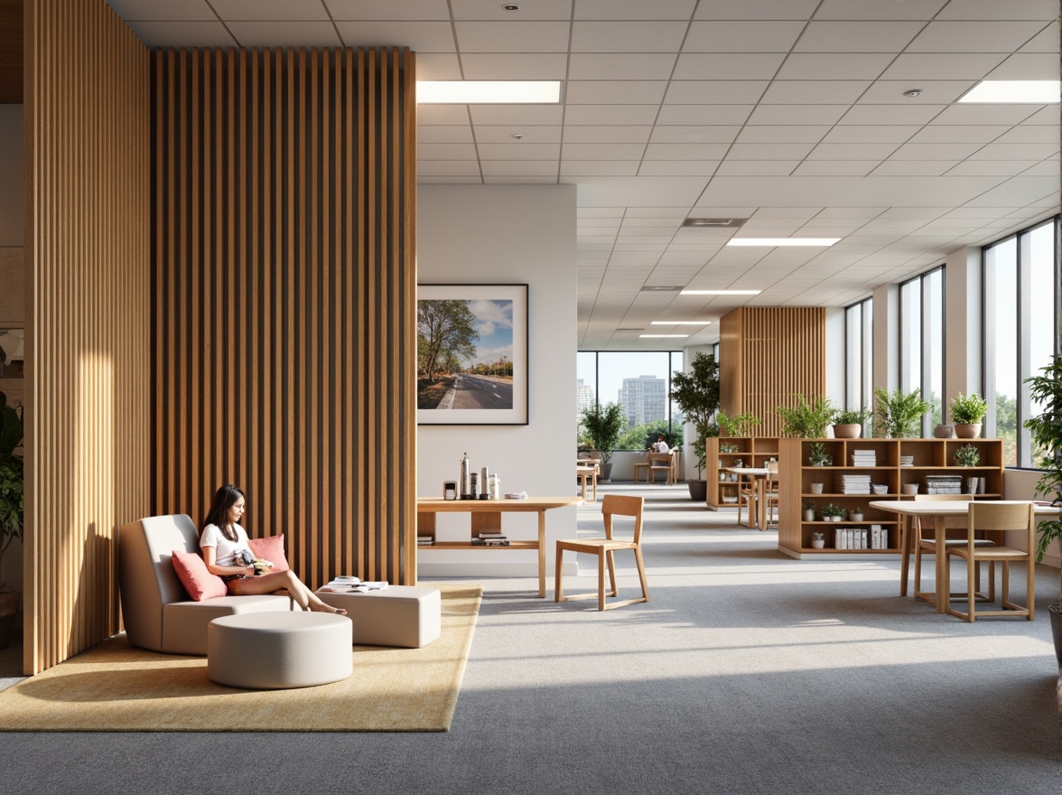 Prompt: Modern student hall interior, sleek minimalism, calming color palette, ergonomic furniture, modular shelving units, cozy reading nooks, collaborative workspaces, acoustic soundproofing, comfortable carpeted floors, natural wood accents, softbox lighting, 1/2 composition, shallow depth of field, realistic textures, ambient occlusion.