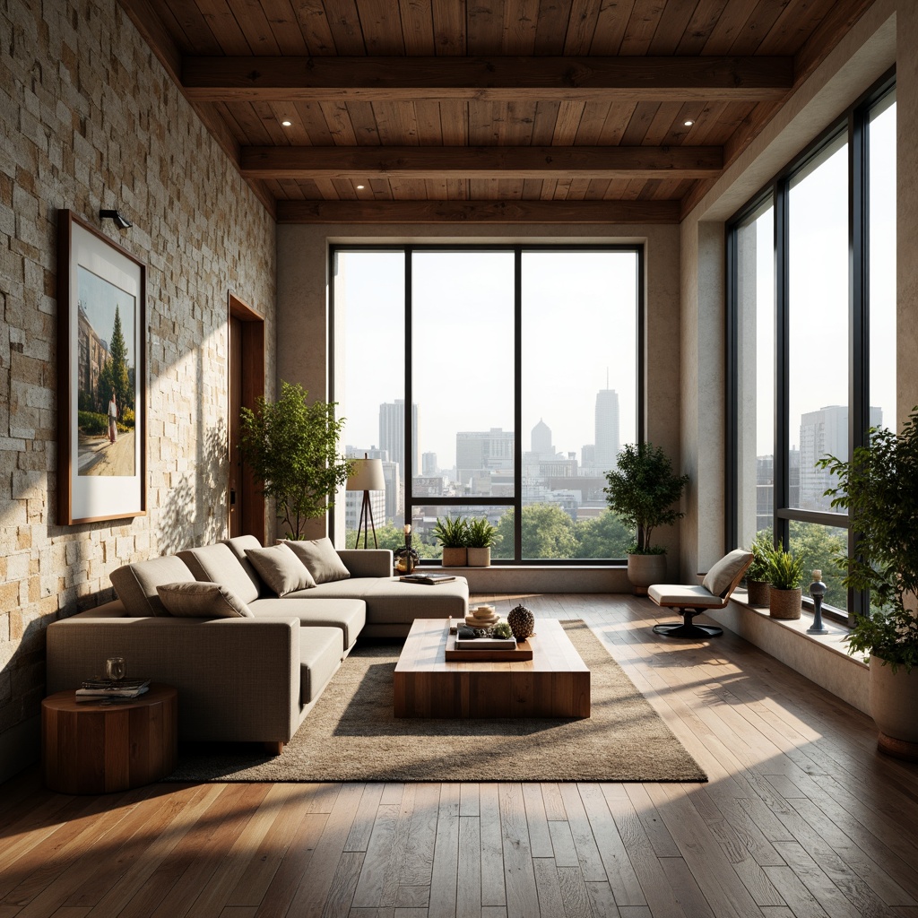 Prompt: Cozy living room, natural stone walls, reclaimed wood flooring, plush sofas, minimalist coffee tables, floor-to-ceiling windows, urban city views, soft warm lighting, shallow depth of field, 3/4 composition, panoramic view, realistic textures, ambient occlusion, comfortable reading nooks, ergonomic chairs, greenery accents, calming color palette, soothing artwork, hidden storage spaces, cleverly designed shelves, rustic wooden decor, elegant metallic fixtures.