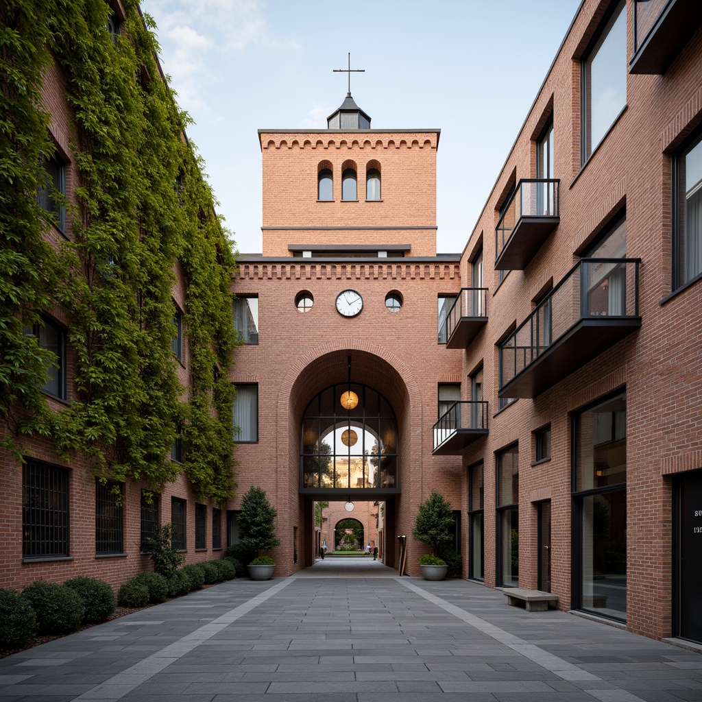 Prompt: Rustic brick facades, ivy-covered walls, grand entrance archways, ornate stone carvings, elegant clock towers, modern glass atriums, minimalist steel frames, natural wood accents, earth-toned stucco, classical columns, symmetrical compositions, soft warm lighting, shallow depth of field, 3/4 composition, panoramic view, realistic textures, ambient occlusion.