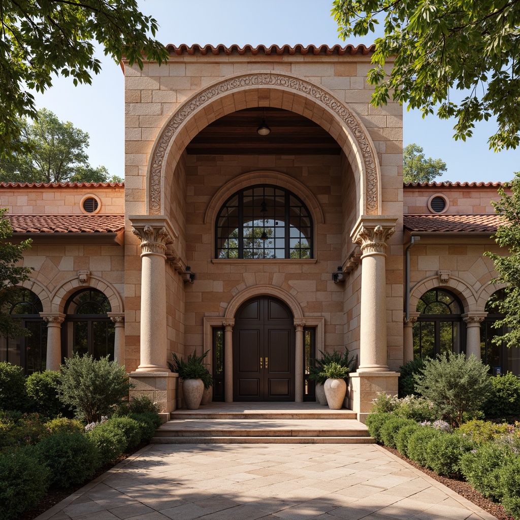 Prompt: Grandiose clinic entrance, Romanesque arches, ornate stone carvings, rustic brick fa\u00e7ade, rounded columns, intricate capitals, vaulted ceilings, stained glass windows, terracotta roof tiles, lush greenery, natural stone walkways, warm earthy tones, soft diffused lighting, 1/1 composition, symmetrical framing, realistic textures, ambient occlusion.