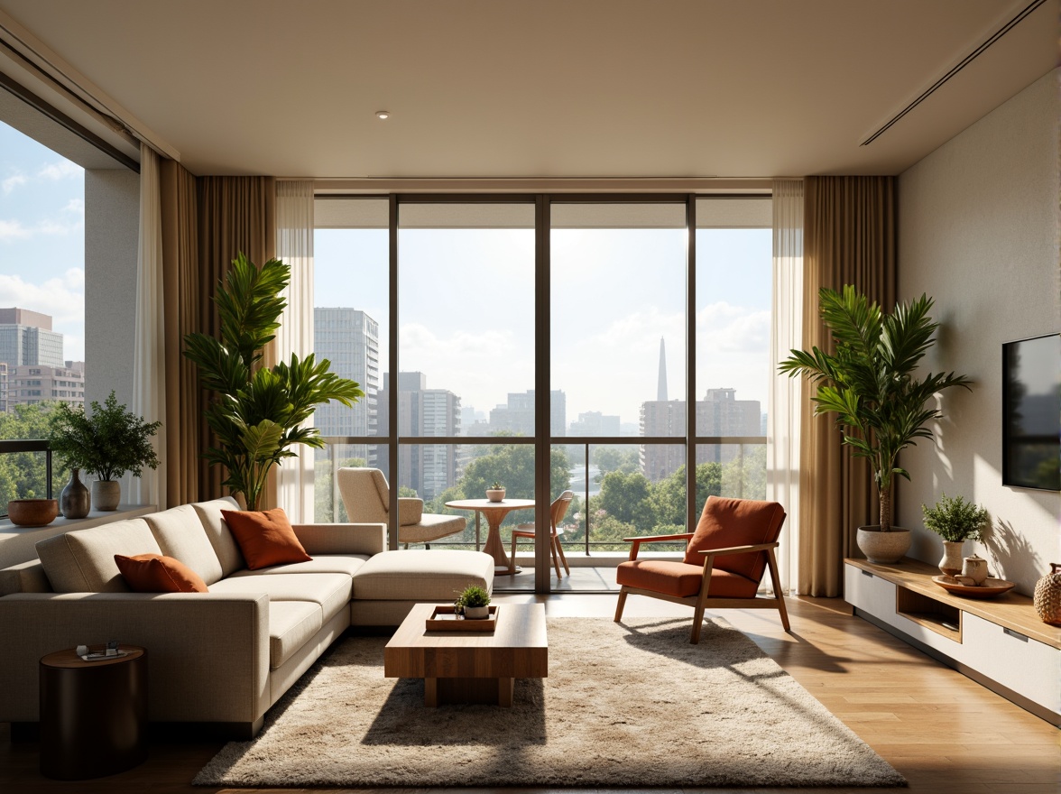 Prompt: Cozy living room, comfortable sofa, warm lighting, wooden coffee table, lush green plants, large windows, natural ventilation, open-plan kitchen, minimalist decor, soft pastel colors, warm beige tones, modern furniture, sleek lines, functional storage spaces, smart home systems, energy-efficient appliances, spacious master bedroom, plush carpeting, private balcony, cityscape views, gentle morning light, 1/1 composition, shallow depth of field, realistic textures.