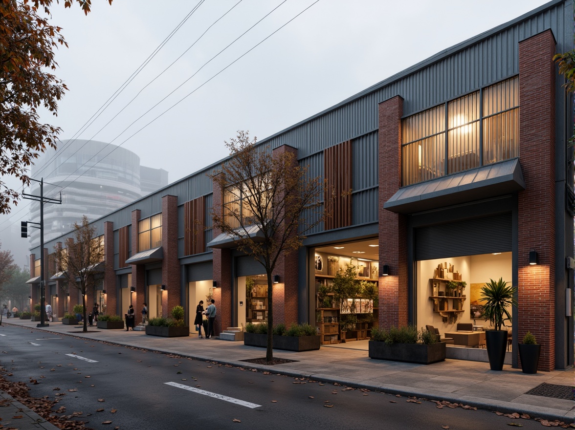 Prompt: Rustic warehouse fa\u00e7ade, exposed brick walls, metal cladding, industrial chic, distressed wood accents, corrugated iron roofs, urban landscape, gritty cityscape, morning fog, soft warm lighting, shallow depth of field, 1/1 composition, realistic textures, ambient occlusion, vintage signage, loading dock doors, steel columns, concrete floors, overhead crane systems, functional architecture, minimal ornamentation.