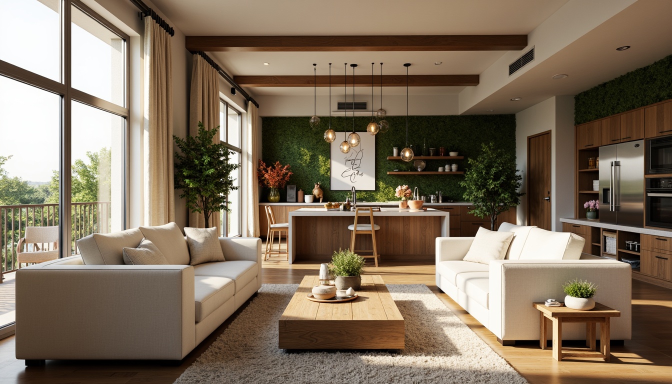 Prompt: Cozy living room, minimalistic decor, large windows, natural light, soft warm ambiance, comfortable sofas, wooden coffee tables, plush area rugs, modern TV stands, greenery walls, vibrant flower arrangements, elegant chandeliers, high ceilings, spacious floor plans, open kitchens, sleek countertops, stainless steel appliances, warm earthy tones, calming color schemes, 1/1 composition, shallow depth of field, soft focus, realistic textures, ambient occlusion.