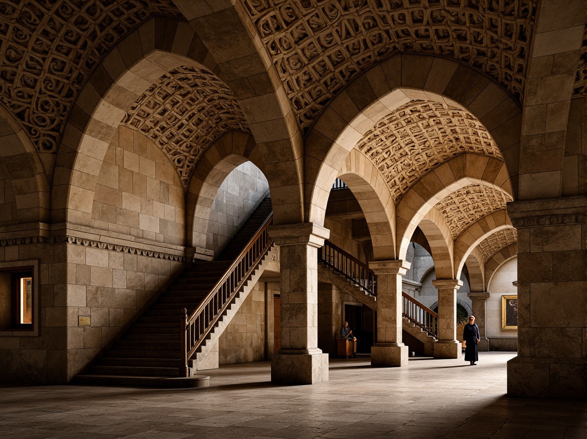 Prompt: Romanesque-style metro station, ornate masonry walls, rusticated stone blocks, rounded arches, barrel vaults, groin vaults, ribbed ceilings, intricate carvings, ornamental capitals, imposing columns, grand staircases, richly textured stonework, warm earthy tones, atmospheric lighting, dramatic shadows, 3/4 composition, symmetrical framing, realistic textures, ambient occlusion.