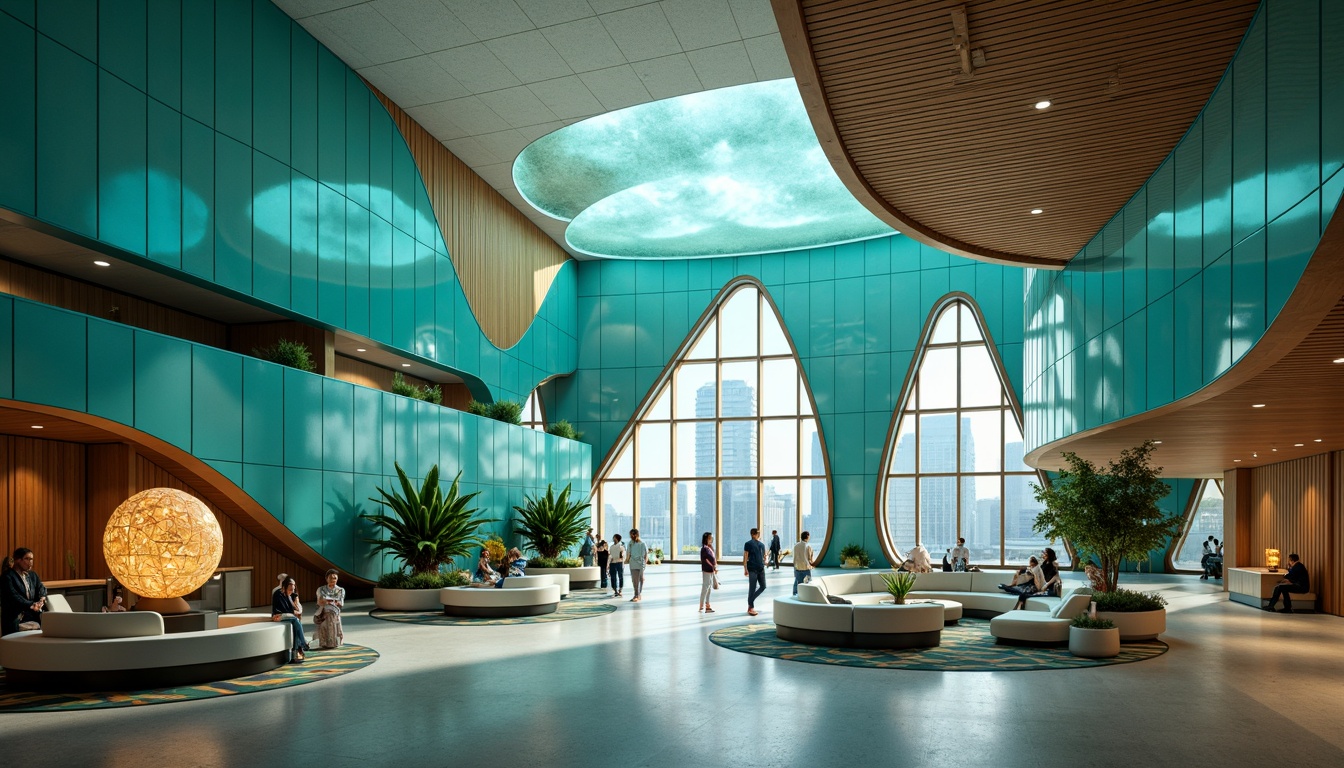 Prompt: Dramatic hospital lobby, sweeping curves, bold angular lines, vibrant turquoise walls, polished chrome accents, futuristic LED light installations, ethereal misty ambiance, soft glowing orbs, warm golden lighting, dynamic shadows, abstract geometric patterns, oversized tropical plants, sleek minimalist furniture, avant-garde sculptures, undulating wooden ceilings, panoramic city views, 1/2 composition, low-key dramatic lighting, cinematic atmosphere.