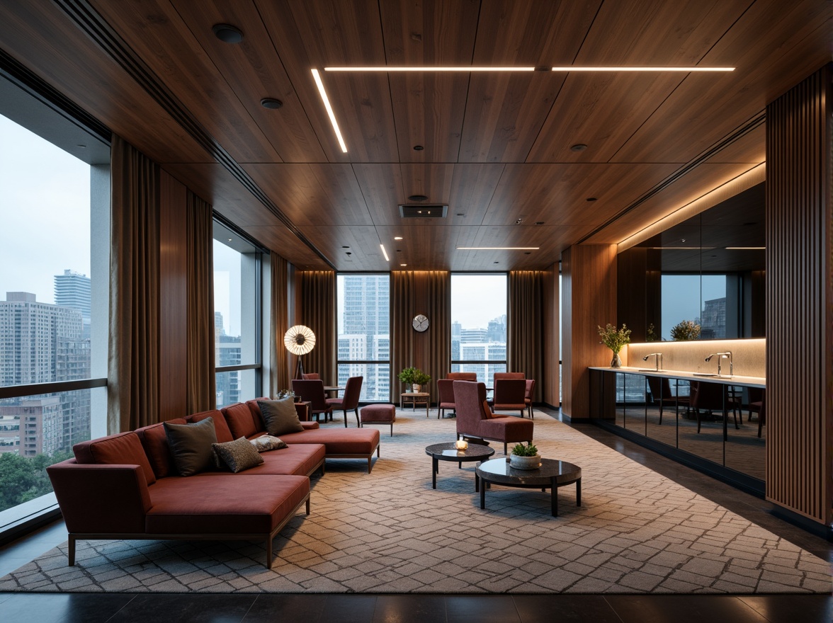 Prompt: Sleek modern interior, polished chrome accents, rich walnut wood panels, luxurious velvet upholstery, soft ambient lighting, geometric patterned rugs, minimalist coffee tables, elegant marble countertops, floor-to-ceiling windows, urban cityscape views, 1/1 composition, low-key lighting, subtle reflections, realistic textures, ambient occlusion.