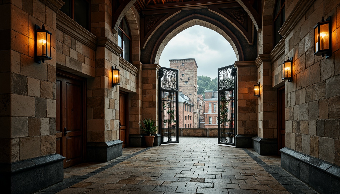 Prompt: Rustic stone walls, arched windows, ornate carvings, heavy iron doors, grand entrance halls, vaulted ceilings, medieval-inspired design, distressed wood textures, industrial metal accents, exposed brickwork, urban cityscape, overcast sky, dramatic warm lighting, high contrast ratio, 1/1 composition, cinematic atmosphere, realistic weathering effects.