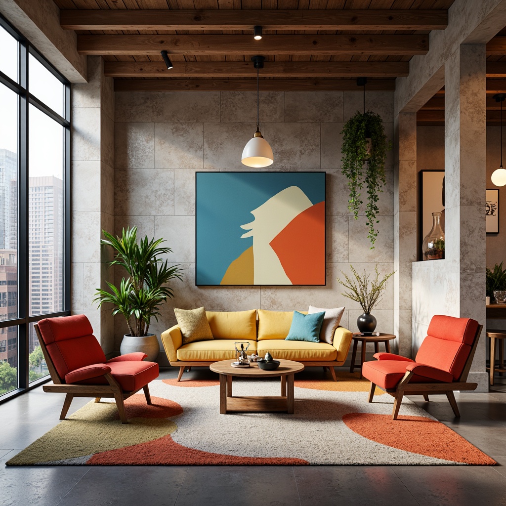 Prompt: Vibrant modern interior, sleek furniture, bold color accents, pastel shades, soft warm lighting, 3/4 composition, shallow depth of field, realistic textures, ambient occlusion, artistic decor, trendy accessories, eclectic style, industrial chic, urban loft, exposed brick walls, polished concrete floors, reclaimed wood accents, natural materials, earthy tones.