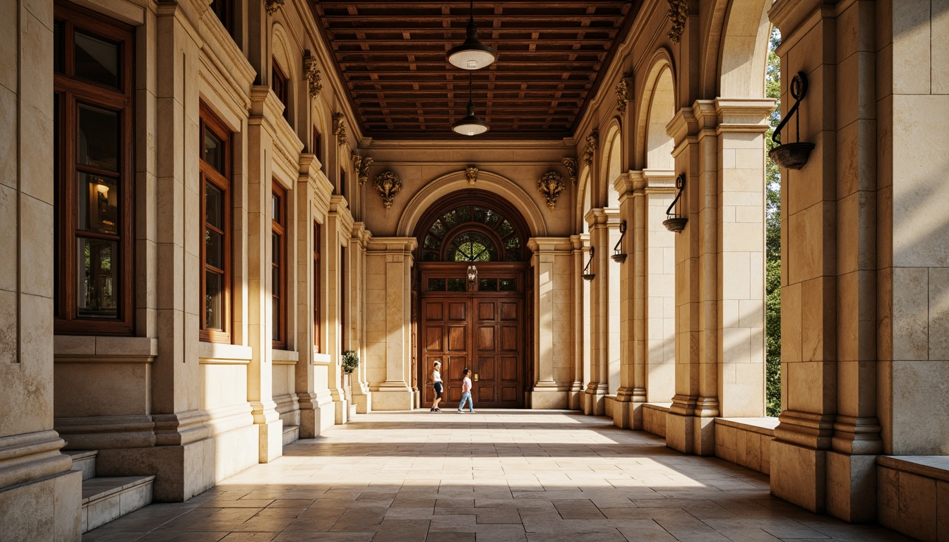 Prompt: Historic academic architecture, grand entrance halls, ornate facades, sturdy stone columns, rusticated bases, symmetrical compositions, vaulted ceilings, intricate moldings, elegant archways, refined details, warm beige stonework, rich wood accents, subtle lighting effects, shallow depth of field, 1/1 composition, realistic textures, ambient occlusion, reinforced concrete frameworks, seismic-resistant design, wind load calculations, structural analysis software, advanced materials testing, innovative construction techniques.