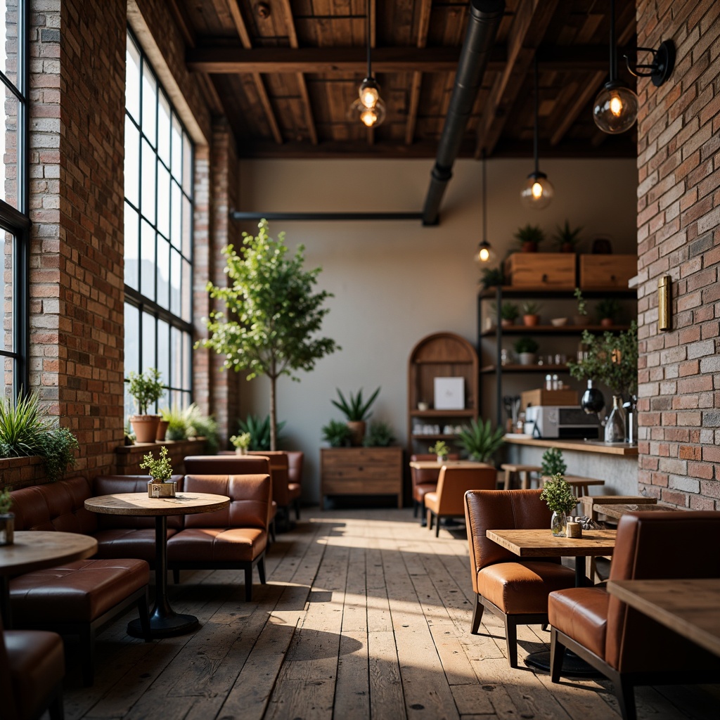 Prompt: Cozy coffee shop interior, rustic wooden accents, distressed brick walls, vintage industrial lighting fixtures, worn leather armchairs, reclaimed wood tables, ornate metal decorations, earthy color palette, warm ambient glow, softbox lighting, shallow depth of field, 1/2 composition, realistic textures, ambient occlusion, rich aromas, steaming cups, bustling atmosphere, morning sunlight, urban cityscape.