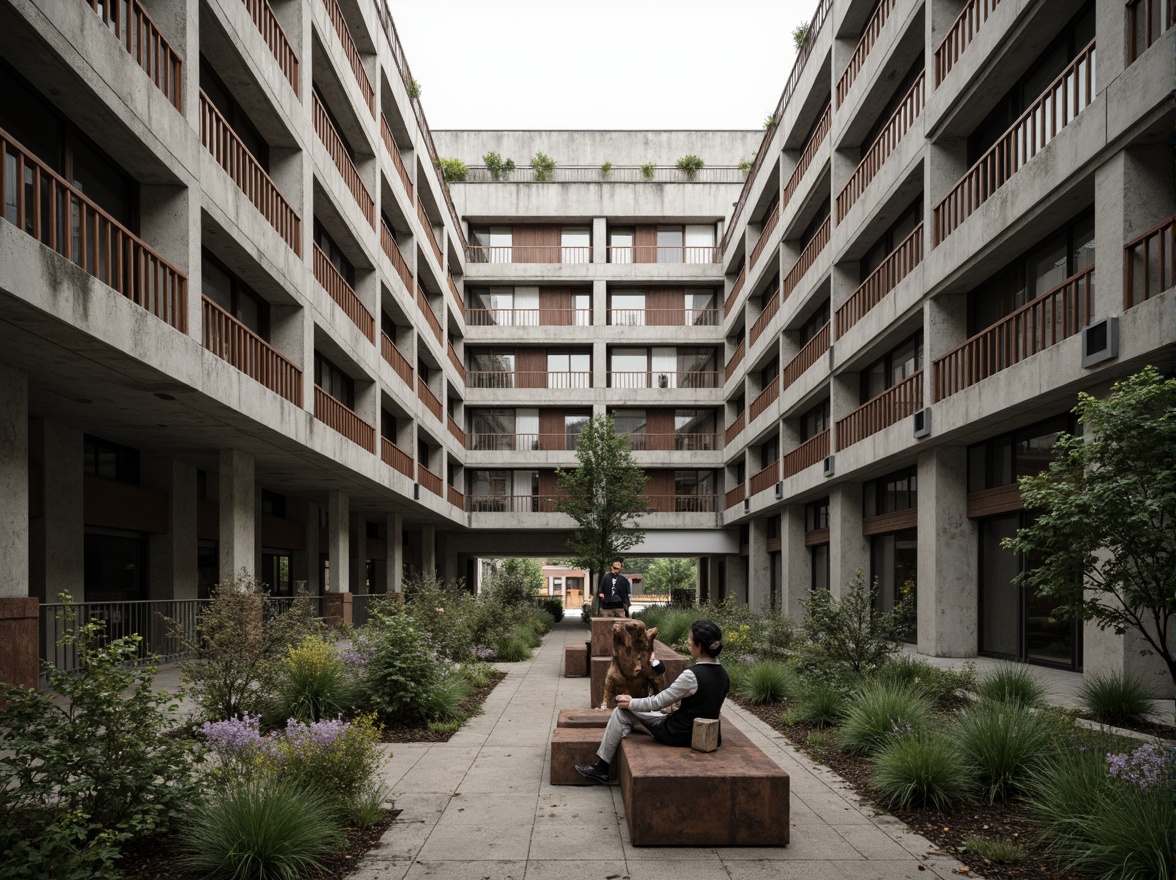 Prompt: Rugged brutalist buildings, raw concrete textures, industrial accents, urban decay, overgrown vegetation, wildflowers, rusted metal benches, reclaimed wood planters, abstract sculptures, modernist art pieces, harsh geometric lines, asymmetrical compositions, dramatic shadows, high-contrast lighting, 1/2 composition, low-angle shots, gritty realistic rendering, ambient occlusion.