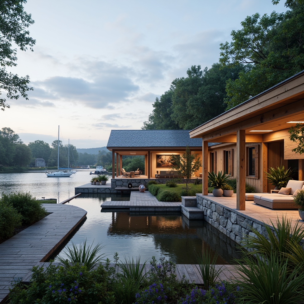 Prompt: Waterfront location, serene lake views, wooden dock, sailboats, rustic boathouse design, natural stone foundation, cedar shake roofing, wooden accents, nautical-themed decorations, warm cozy lighting, comfortable lounge seating, scenic outdoor spaces, lush greenery, tranquil atmosphere, soft morning mist, shallow depth of field, 3/4 composition, realistic textures, ambient occlusion.