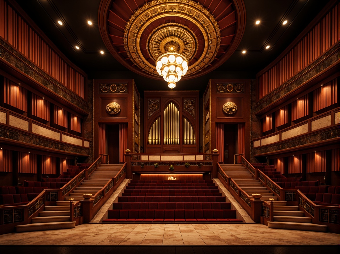 Prompt: Luxurious concert hall, rich wood tones, polished marble floors, velvet curtains, ornate chandeliers, gilded details, plush seating areas, intimate performance spaces, dramatic spotlights, soft warm lighting, shallow depth of field, 3/4 composition, panoramic view, realistic textures, ambient occlusion, acoustic panels, sound-absorbing materials, premium fabric upholstery, metallic accents, grand staircase, opulent interiors, evening ambiance, sophisticated atmosphere.