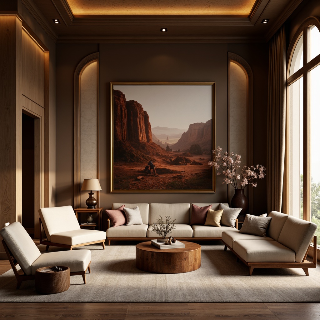 Prompt: Rich chocolate tones, warm beige accents, soft creamy whites, deep walnut browns, velvety smooth textures, luxurious interior design, opulent furnishings, sophisticated ambiance, elegant atmosphere, golden lighting, subtle shadowing, 2/3 composition, shallow depth of field, realistic renderings.