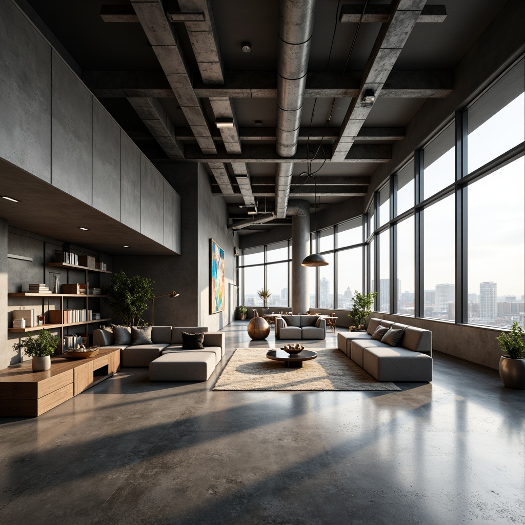 Prompt: Sleek modern loft, open-plan living space, polished concrete floors, exposed ductwork, industrial-chic metal beams, minimalist decor, monochromatic color scheme, curved lines, geometric shapes, built-in shelving units, floor-to-ceiling windows, natural light pouring in, urban cityscape views, cozy reading nooks, plush area rugs, oversized sofas, metallic accent walls, abstract artwork, pendant lighting fixtures, airy atmosphere, warm ambient glow, soft focus, 1/2 composition, cinematic rendering, detailed textures.