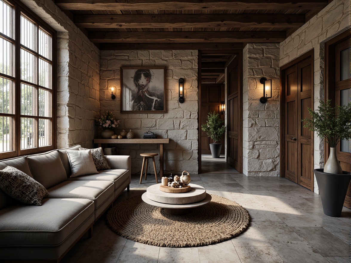 Prompt: Rough stone walls, distressed wooden planks, metallic grids, woven fabric upholstery, intricate tile patterns, glossy polished marble, matte concrete floors, weathered steel beams, ornate carved wood accents, subtle gradient shading, dramatic spotlighting, shallow depth of field, 1/2 composition, realistic material rendering.