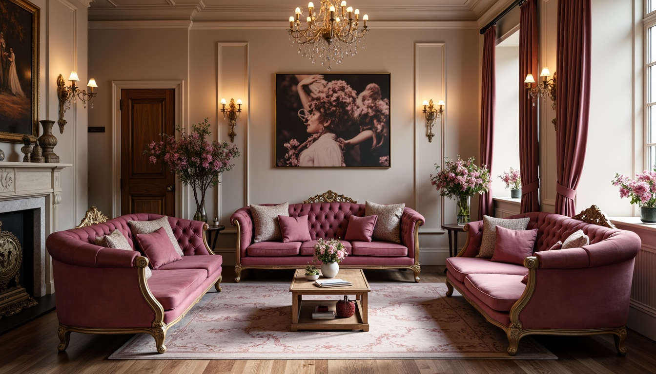 Prompt: Mauve-hued contemporary interior, soft warm lighting, rich velvet fabrics, luxurious tufted sofas, ornate antique furniture, distressed wood accents, elegant crystal chandeliers, subtle patterned rugs, warm beige walls, sophisticated mauve and blush tones, whimsical florals, delicate lace details, romantic ambiance, shallow depth of field, 1/2 composition, soft focus, warm color grading.