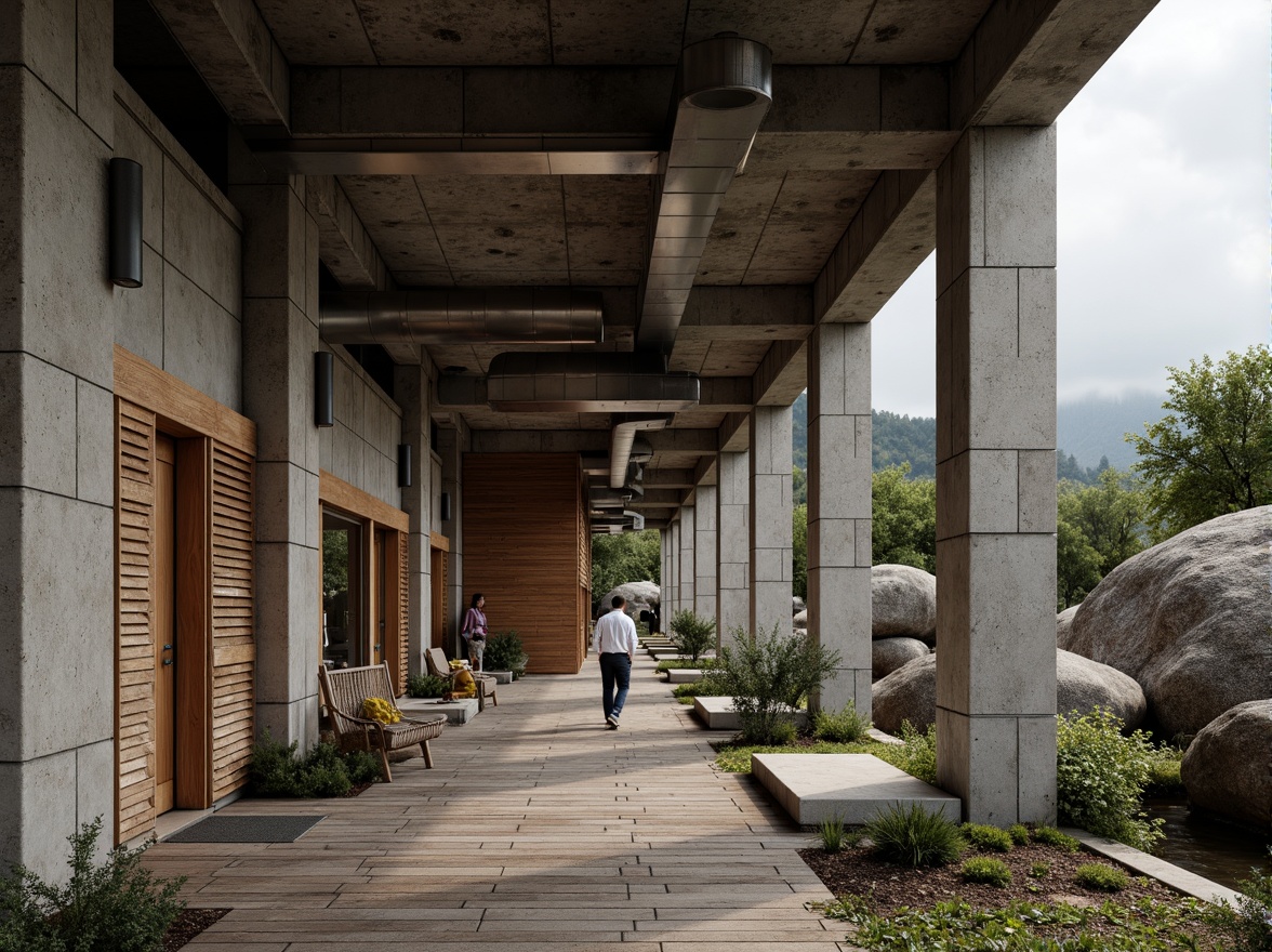 Prompt: Rugged brutalist architecture, raw concrete walls, exposed ductwork, industrial metal beams, reclaimed wood accents, natural stone floors, weathered wooden planks, earthy tone color palette, organic textures, rough-hewn granite boulders, moss-covered surfaces, overcast sky, dramatic shadows, high-contrast lighting, 2/3 composition, cinematic framing, realistic renderings, ambient occlusion.